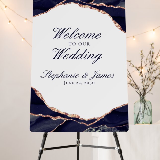 Elegant Navy Rose Gold Agate Wedding Welcome Foam Board (In Situ (Stand))