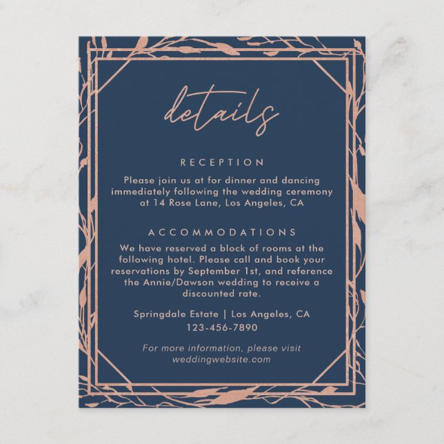 Elegant Navy & Rose Gold Botanical Wedding Details Enclosure Card (Front)