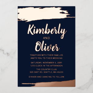 Elegant Navy Rose Gold brushed Wedding Foil Invitation