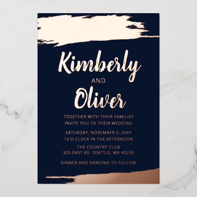 Elegant Navy Rose Gold brushed Wedding  Foil Invitation (Front)