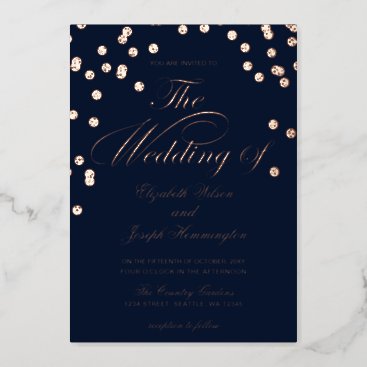 Elegant Navy Rose Gold Confetti Wedding  Foil Invitation