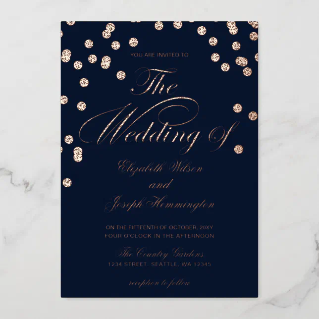 Elegant Navy Rose Gold Confetti Wedding Foil Invitation Zazzle