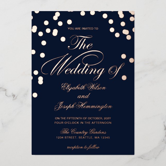 Elegant Navy Rose Gold Confetti Wedding  Foil Invitation (Front)