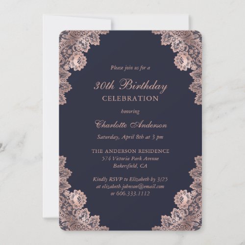 Elegant Navy Rose Gold Floral Lace 30th Birthday Invitation