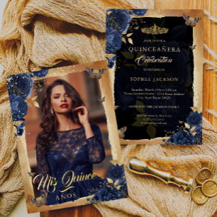 Elegant Navy Rose Gold Floral Photo Quinceanera Foil Invitation