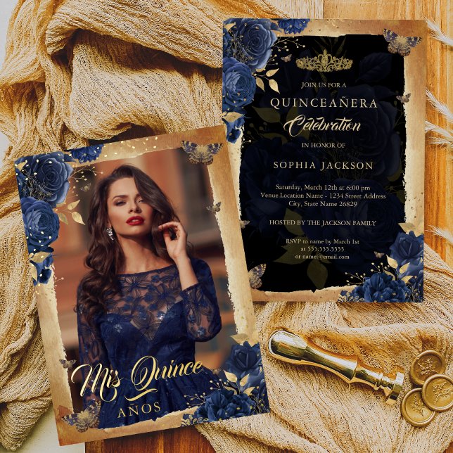 Elegant Navy Rose Gold Floral Photo Quinceanera  Foil Invitation (Creator Uploaded)