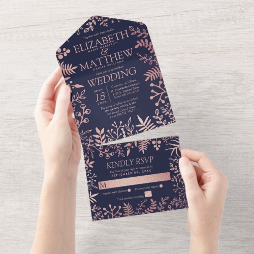 Elegant Navy  Rose Gold Floral Wedding Collection All In One Invitation