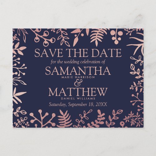 Elegant Navy  Rose Gold Floral Wedding Collection Announcement Postcard