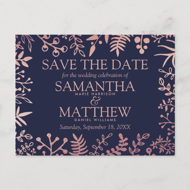 Elegant Navy & Rose Gold Floral Wedding Collection Announcement Postcard (Front)