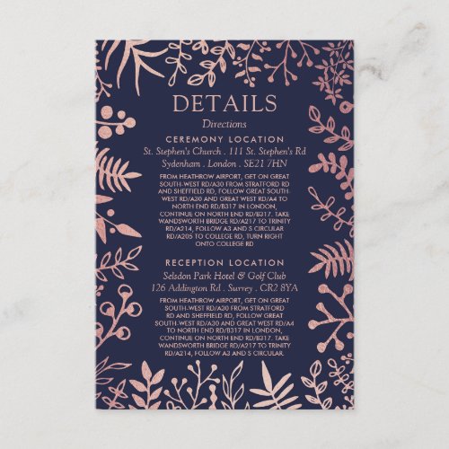 Elegant Navy  Rose Gold Floral Wedding Collection Enclosure Card