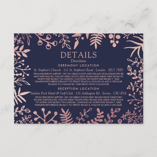 Elegant Navy  Rose Gold Floral Wedding Collection Enclosure Card