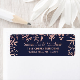 Elegant Navy & Rose Gold Floral Wedding Collection Label