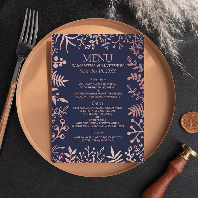 Elegant Navy & Rose Gold Floral Wedding Collection Menu
