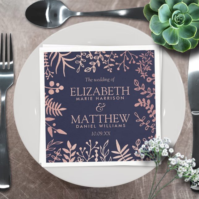 Elegant Navy & Rose Gold Floral Wedding Collection Napkins (Creator Uploaded)