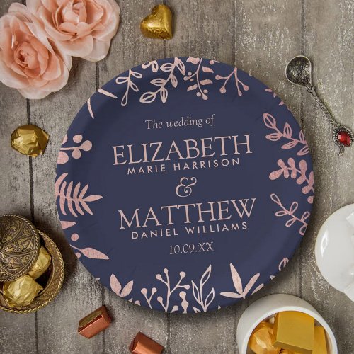 Elegant Navy  Rose Gold Floral Wedding Collection Paper Plates