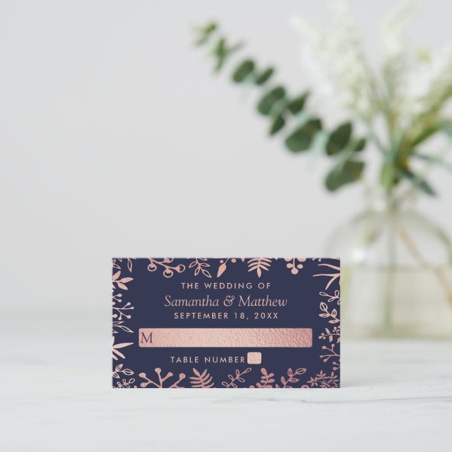 Elegant Navy & Rose Gold Floral Wedding Collection Place Card (Standing Front)
