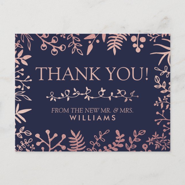 Elegant Navy & Rose Gold Floral Wedding Collection Postcard (Front)