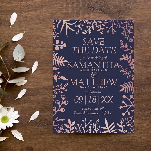 Elegant Navy  Rose Gold Floral Wedding Collection Save The Date