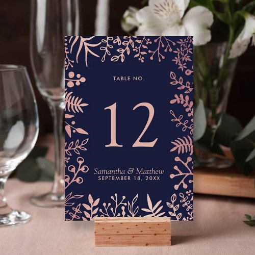Elegant Navy  Rose Gold Floral Wedding Collection Table Number