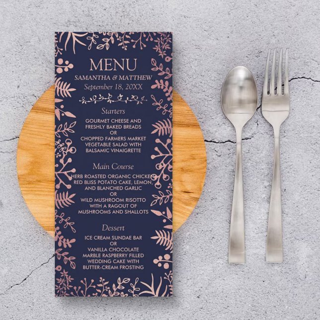 Elegant Navy & Rose Gold Floral Wedding Menu (Creator Uploaded)