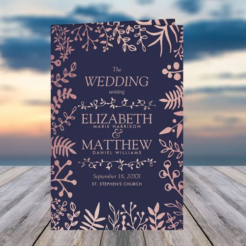 Elegant Navy  Rose Gold Floral Wedding Program