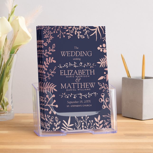 Elegant Navy & Rose Gold Floral Wedding Program Brochure (Insitu)