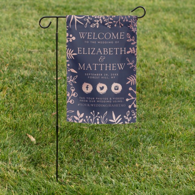 Elegant Navy & Rose Gold Floral Wedding Welcome Garden Flag (In SItu)