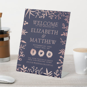 Elegant Navy & Rose Gold Floral Wedding Welcome Pedestal Sign