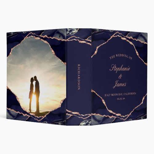 Elegant Navy Rose Gold Foil Agate Wedding Album 3 Ring Binder