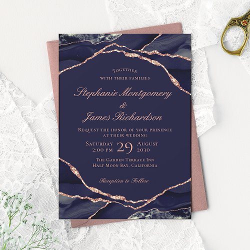 Elegant Navy Rose Gold Foil Agate Wedding Invitation