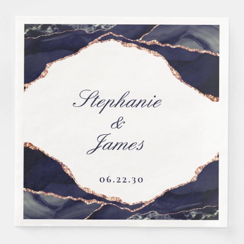 Elegant Navy Rose Gold Foil Agate Wedding Paper Dinner Napkins