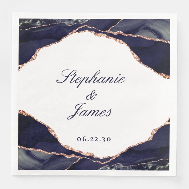 Elegant Navy Rose Gold Foil Agate Wedding Paper Dinner Napkins (Front)