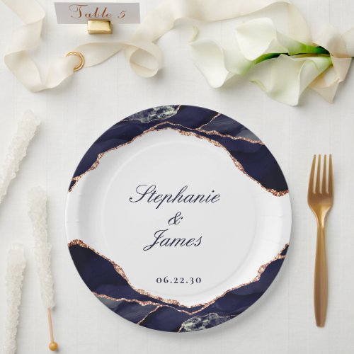 Elegant Navy Rose Gold Foil Agate Wedding Paper Plates