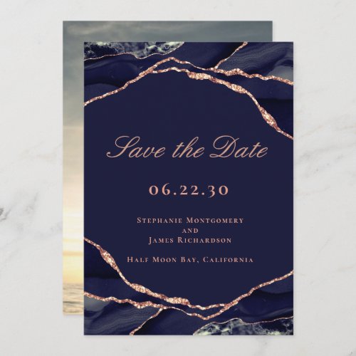 Elegant Navy Rose Gold Foil Agate Wedding Photo Save The Date