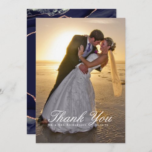 Elegant Navy Rose Gold Foil Agate Wedding Photo Thank You Card
