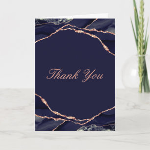 Elegant Navy Rose Gold Foil Agate Wedding Photo Thank You Card