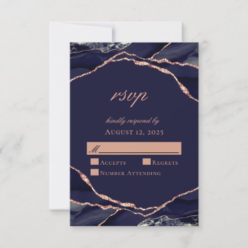 Elegant Navy Rose Gold Foil Agate Wedding RSVP Card