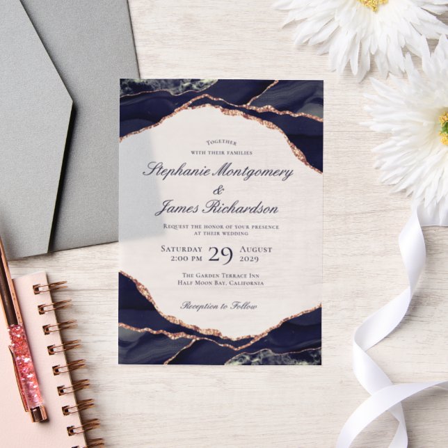 Elegant Navy Rose Gold Foil Agate Wedding Vellum Invitations (Wedding)