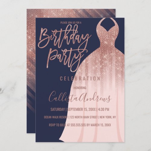 Elegant Navy Rose Gold Glitter Dress  Birthday Invitation