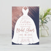Elegant Navy Rose Gold Glitter Dress Bridal Shower Invitation (Standing Front)