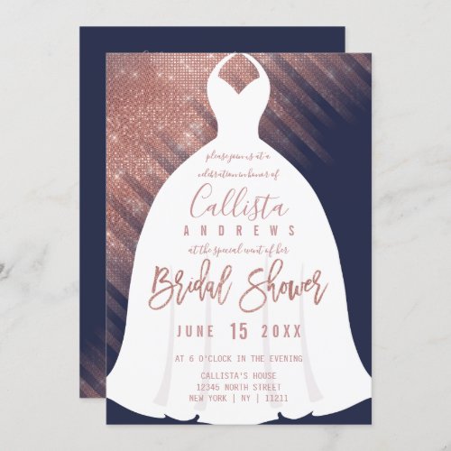 Elegant Navy Rose Gold Glitter Dress Bridal Shower Invitation