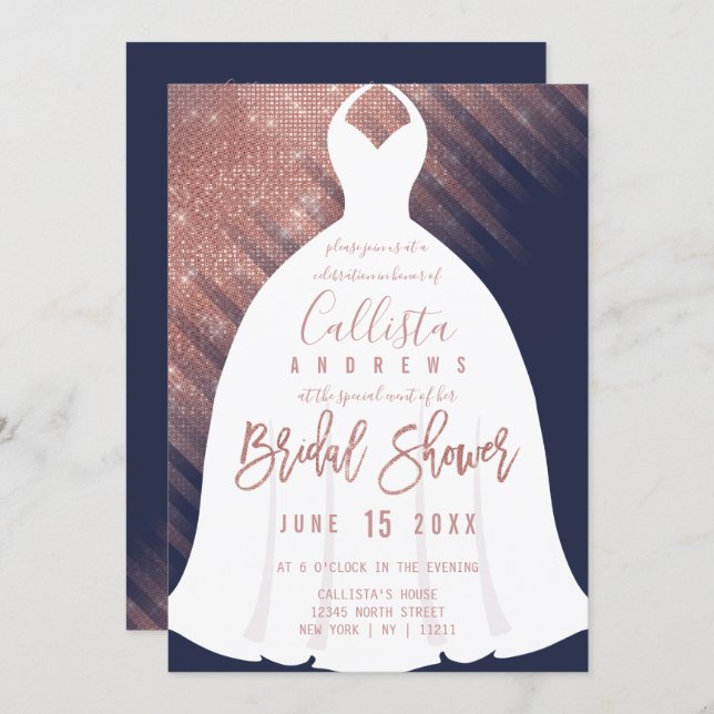 Elegant Navy Rose Gold Glitter Dress Bridal Shower Invitation (Front/Back)