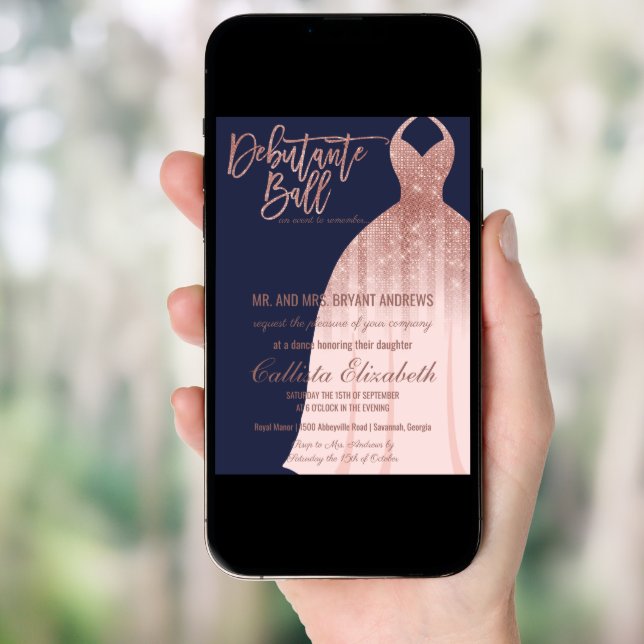 Elegant Navy Rose Gold Glitter Dress Debutante Invitation (Front Digital)