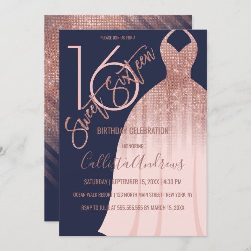 Elegant Navy Rose Gold Glitter Dress Sweet 16 Invitation