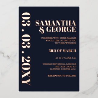 Elegant Navy Rose Gold Modern Wedding   Foil Invitation