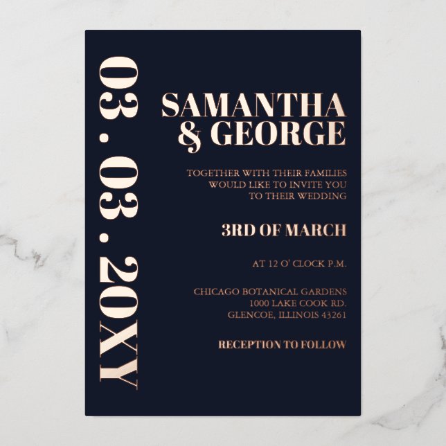 Elegant Navy Rose Gold Modern Wedding   Foil Invitation (Front)