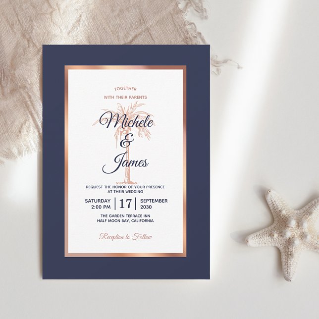 Elegant Navy Rose Gold Palm Tree Modern Wedding Invitation (Creator Uploaded)
