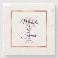 Elegant Navy Rose Gold Palm Tree Modern Wedding Stone Coaster