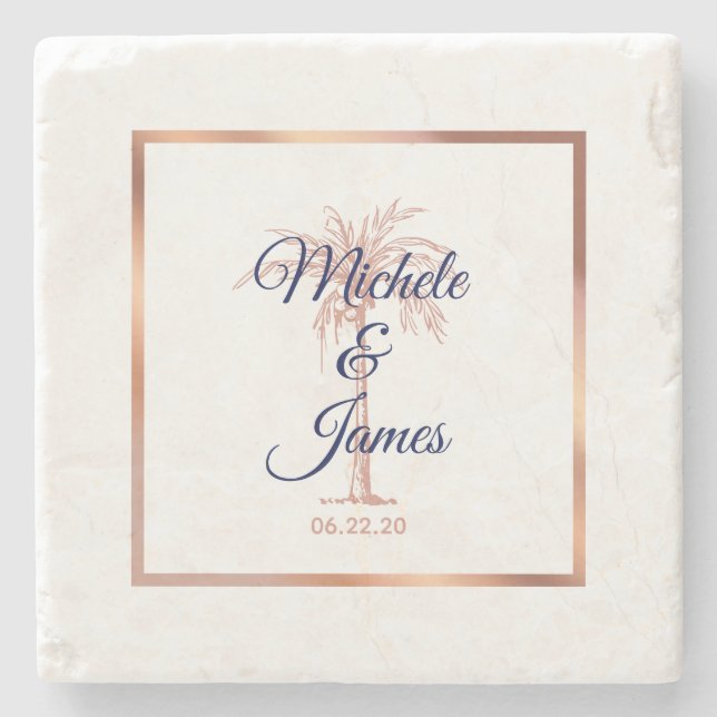 Elegant Navy Rose Gold Palm Tree Modern Wedding Stone Coaster (Front)