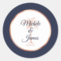 Elegant Navy Rose Gold Palm Tree Tropical Wedding Classic Round Sticker